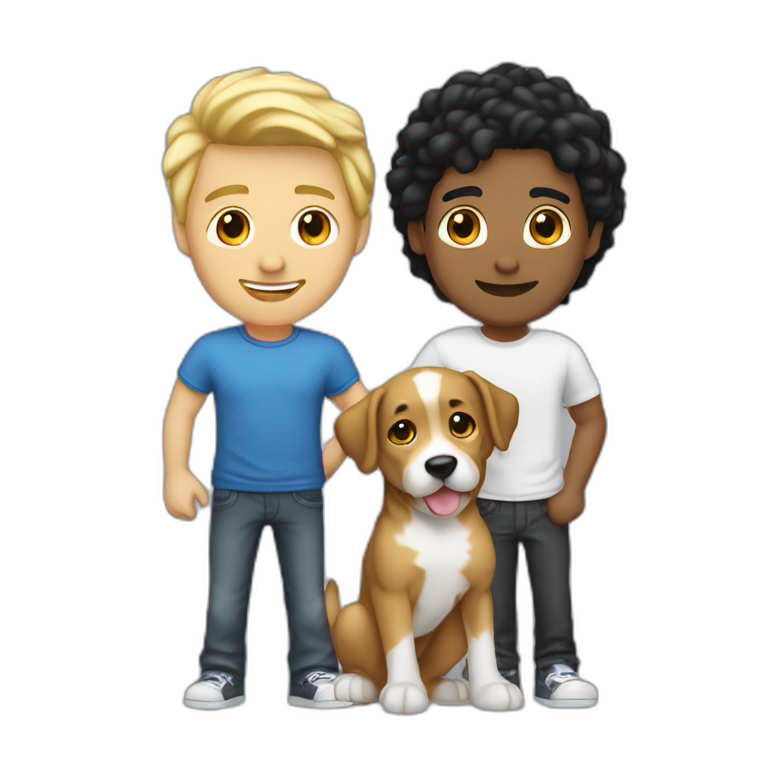 gay-couple,-1-guy-latino-black-straight-black-hair-and-1-australian-white-guy-with-blonde-slightly-curly-hair-holding-a-dog emoji