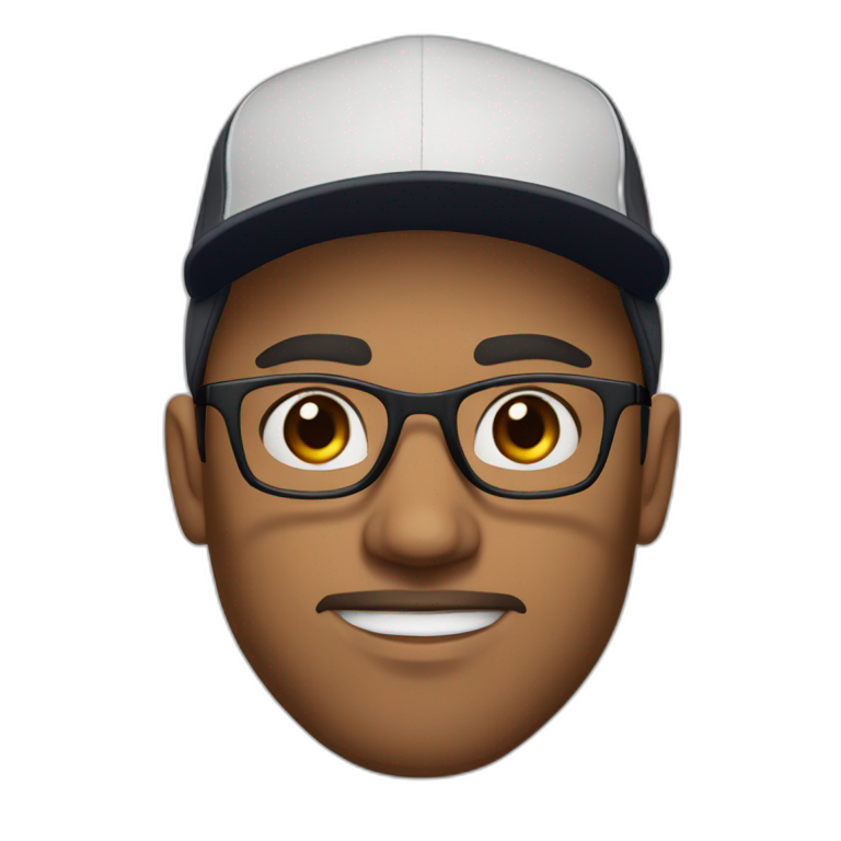 Young man, with brown hair and brown beard, thick eyebrows and black sight glasses. Big nose. Half closed brown eyes. Wearing a Nike cap emoji