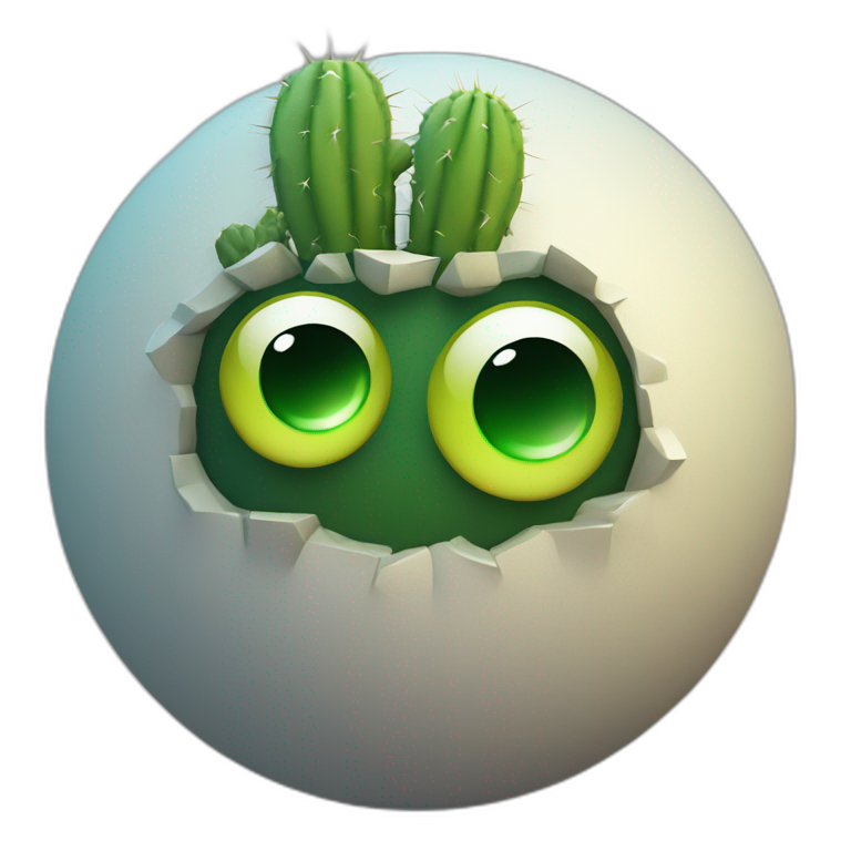 3d sphere with a cartoon cactus texture with big underdeveloped eyes emoji