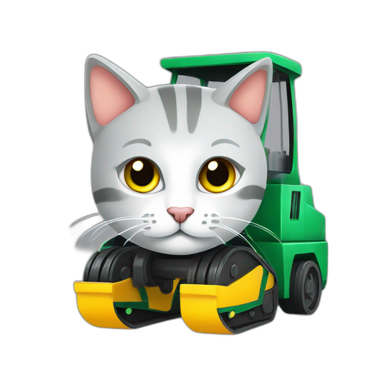 Gatito gris con ojos verdes sobre una excavadora color amarilla emoji