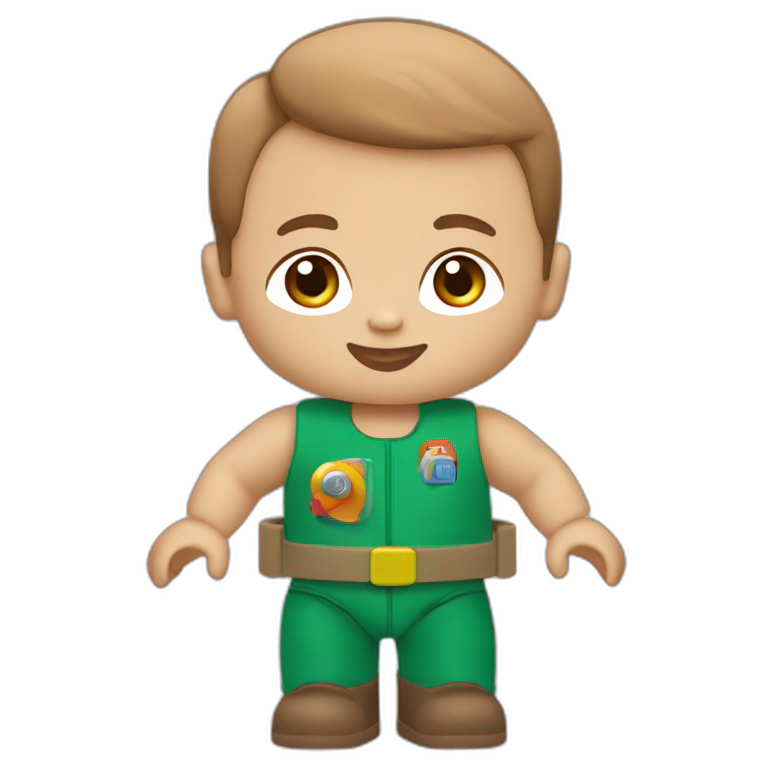 Caucasian baby boy, brown air playing with duplo starship emoji