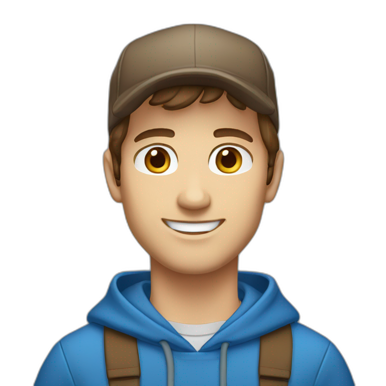 caucasian, male, brown hair, brown eyes, cap, smiling, blue hoodie emoji