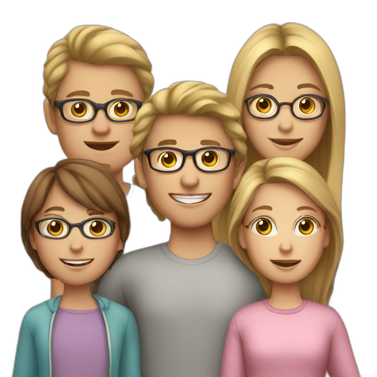 White family of 4, brown hair mom, brown hair boy, 2 girls with glasses and long blond hair emoji