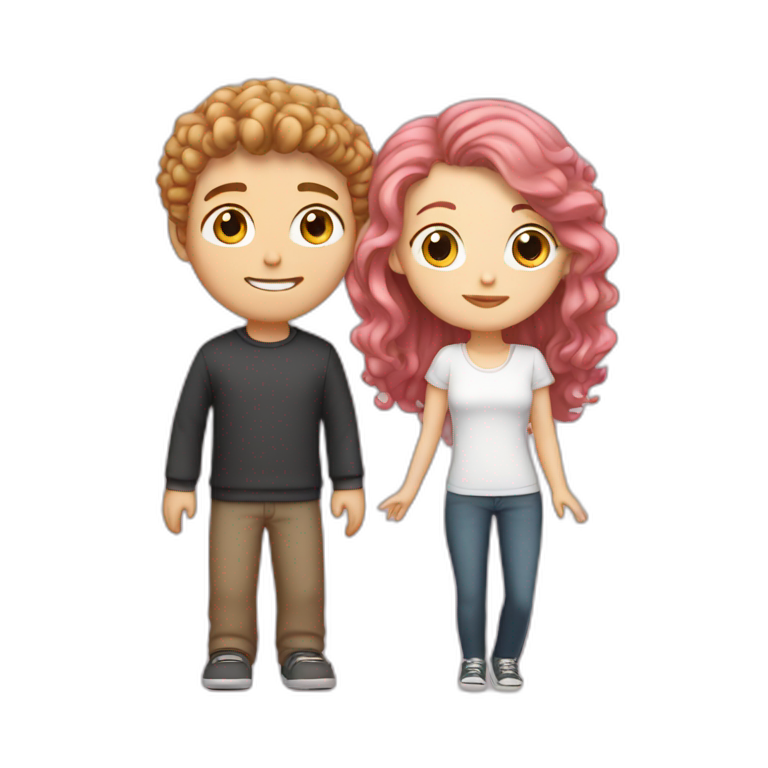 white girl with pink straight hair kissing a white boy with curly brown hair emoji