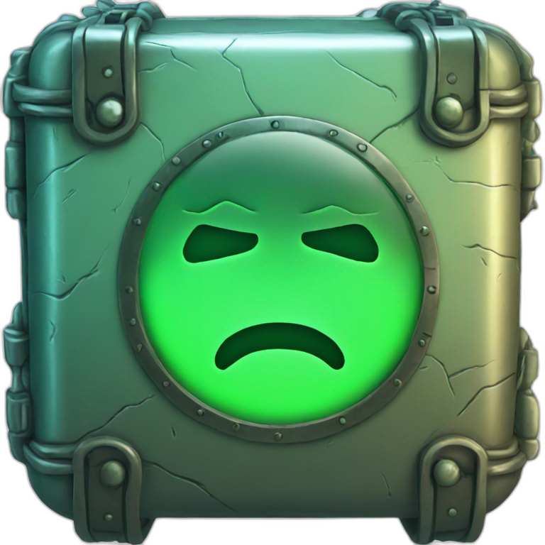 metal case, inside a green glowing stone emoji