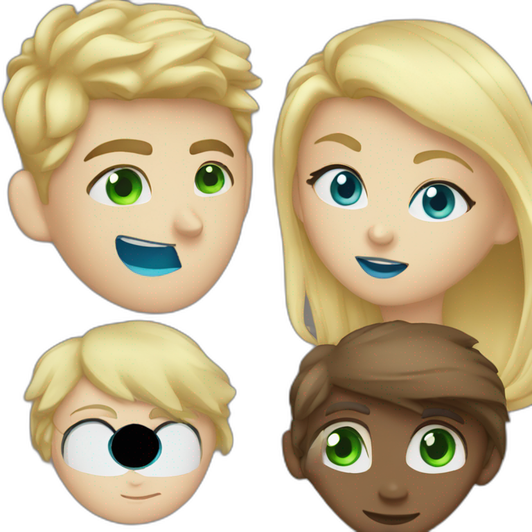 Girl blue eyes blonde hair kiss a boy with dark brown hair and green eyes emoji