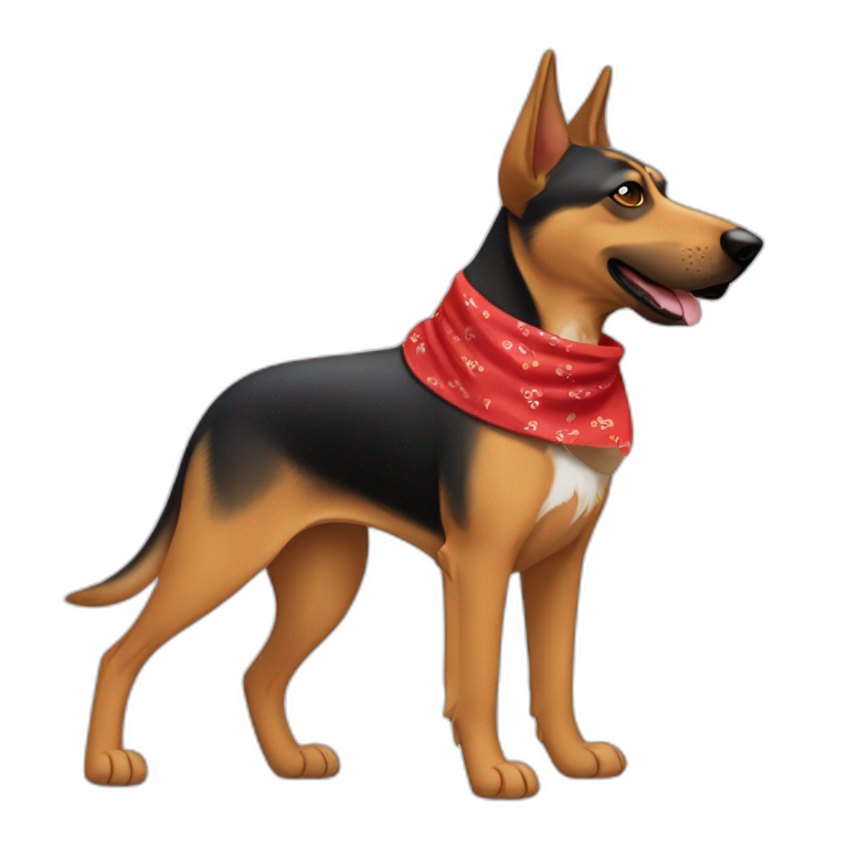 coonhound and German shepherd mix dog wearing red bandana and walking emoji