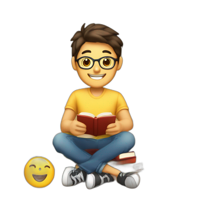 joven estudiante con muchos libros, sonriente y muy feliz con un libro en sus manos y en su cabeza, junto a muchos libros y una lampara emoji