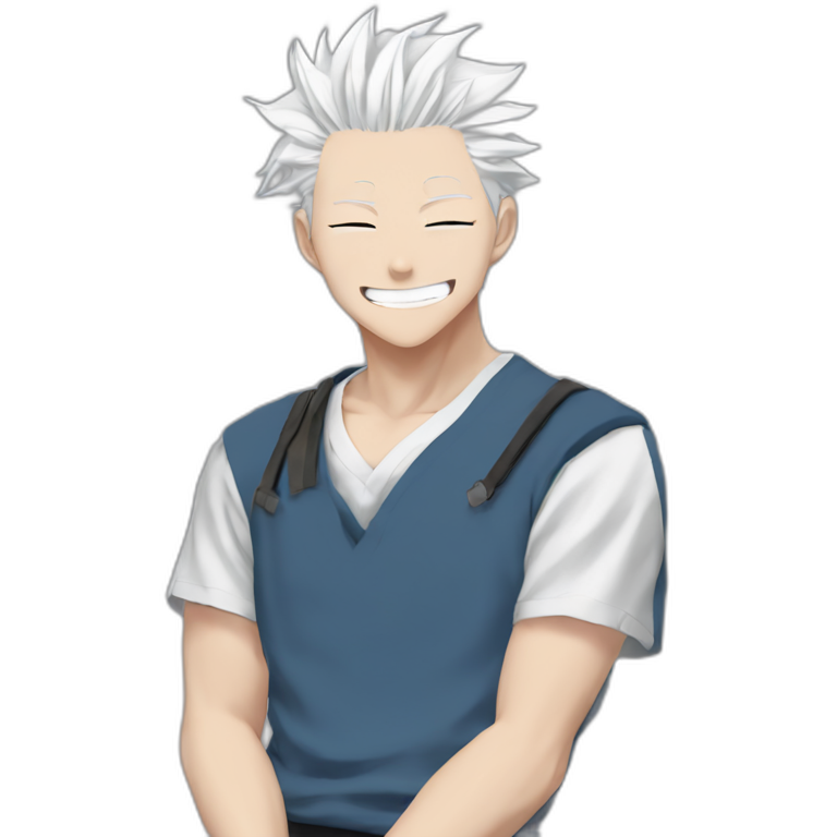 gojo satoru smiling from jujutsu kaisen with white hair, blue sky eyes, wear a black tshirt emoji