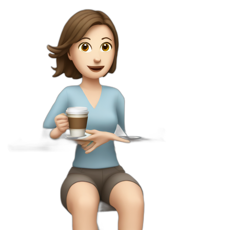 woman with pale skin and brown hair behind a computer juggling with coffee cups emoji