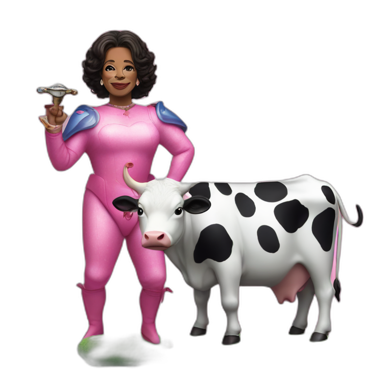 Oprah is mr blobby with a sword eating a live cow emoji