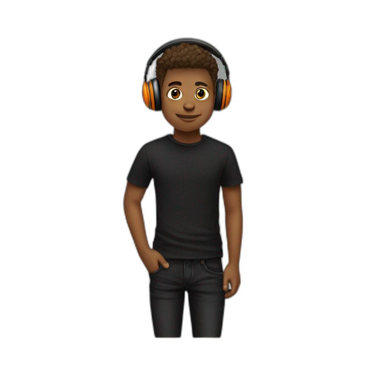 A super cool boy with headphone and black and orange Tshirt with black jeans  emoji