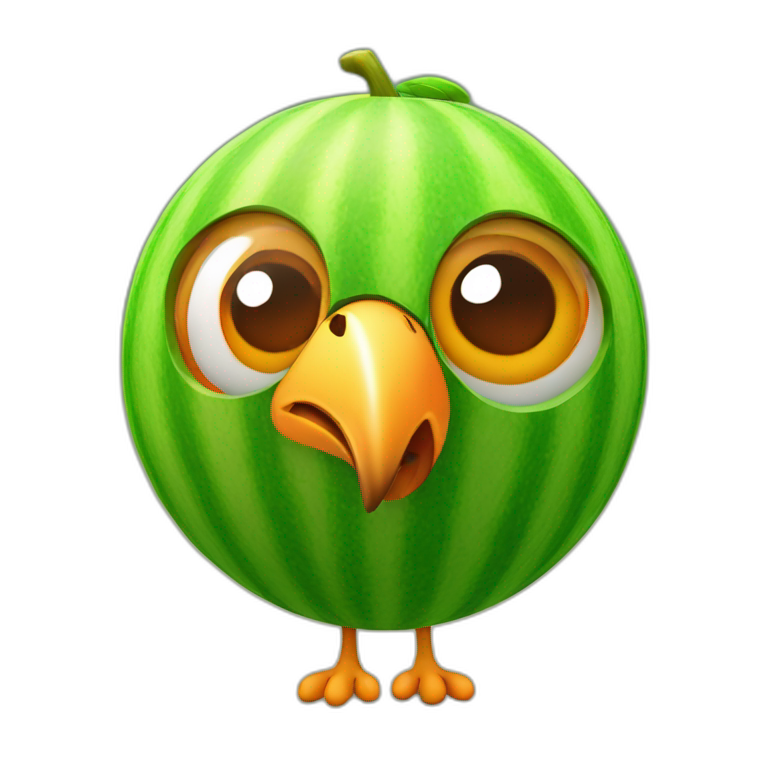 3d sphere with a cartoon thoughtful melon Parrot skin texture with rigid eyes emoji