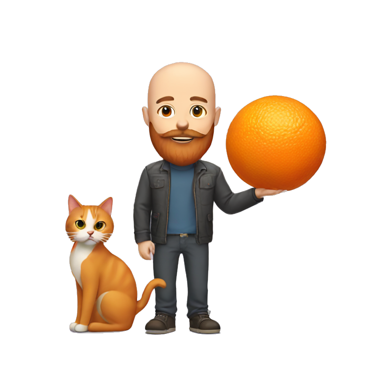 Bald man with a big orange beard holding a cat emoji