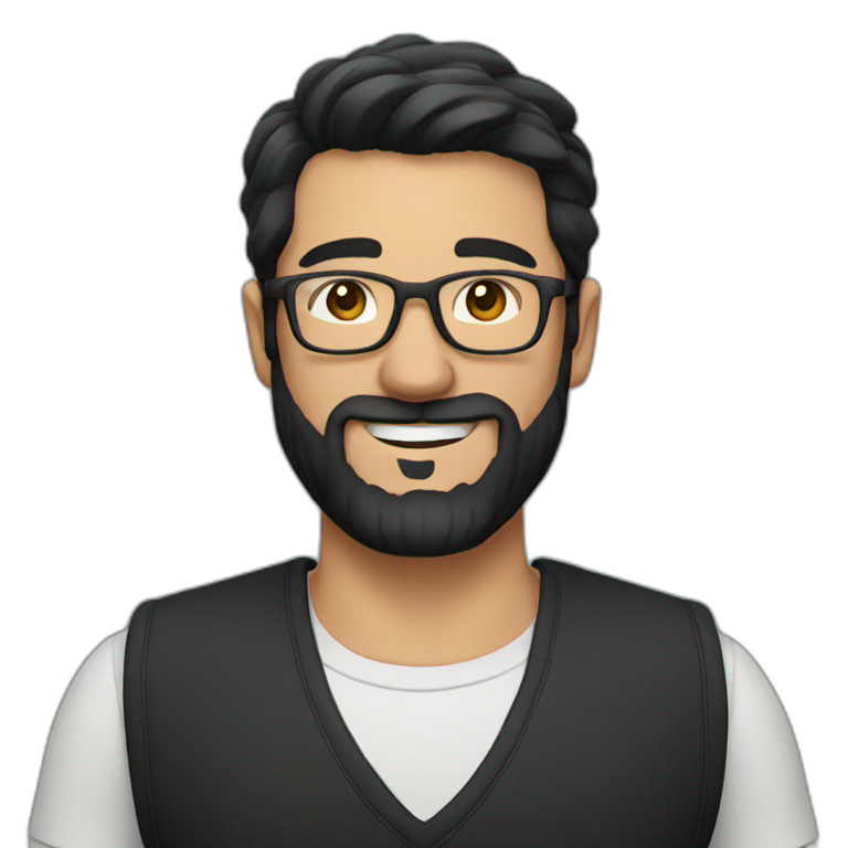 Smiling man with short black hair and glasses and beard wearing a black vest emoji