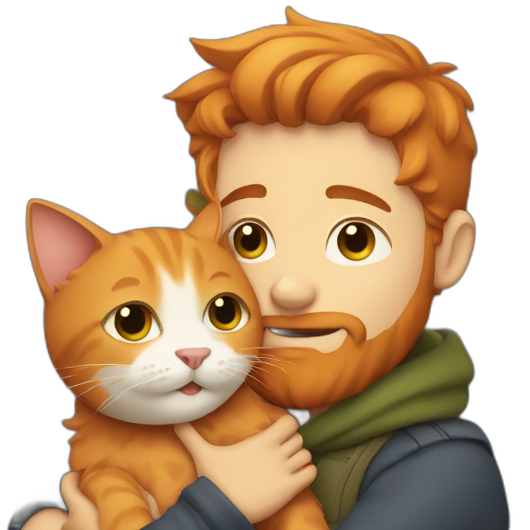 Boy with beard hugging ginger cat emoji