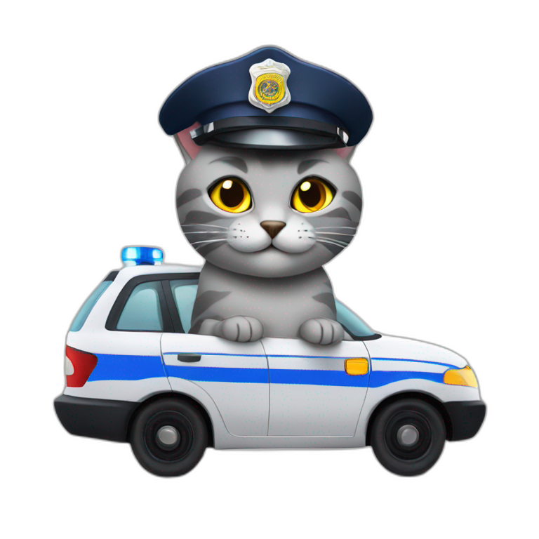 grey cat in a police hat in a police car emoji