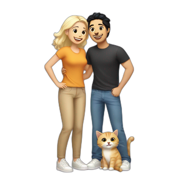 Gay couple, 1 Latino black hair and 1 Australian blonde hair with a cat in the middle laughing full body emoji