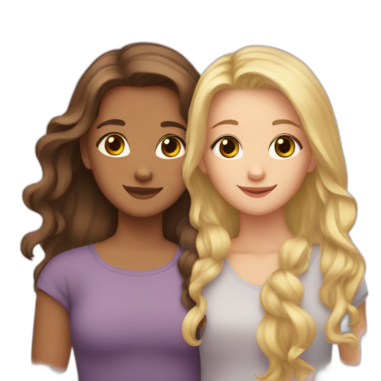 two girls hugging one blonde hair and brown eyes - one brunette and brown eyes  emoji