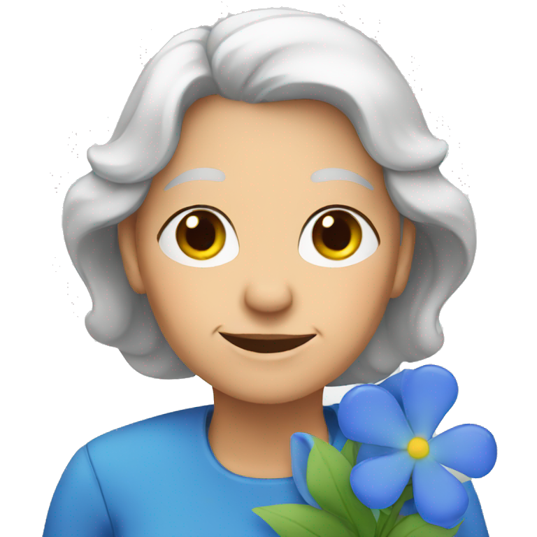 an old woman holds blue flowers emoji