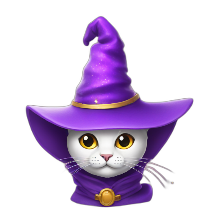 a cat with a purple wizard hat with sparks emoji