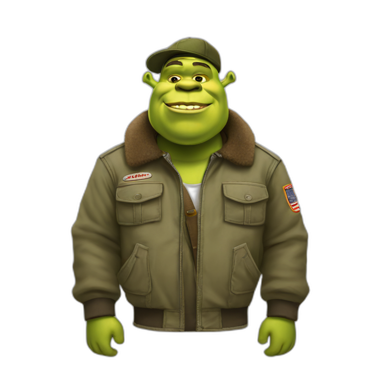 Shrek in cargo pants, bomber jacket and hat emoji