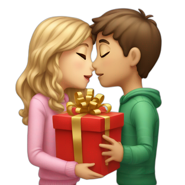 boy and girl kissing with cristmass gift emoji
