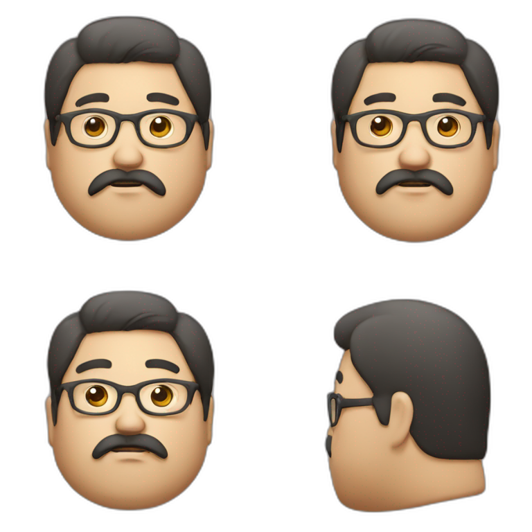 fat man, glasses, clean face, mustache, beard, mongolian, streamer emoji