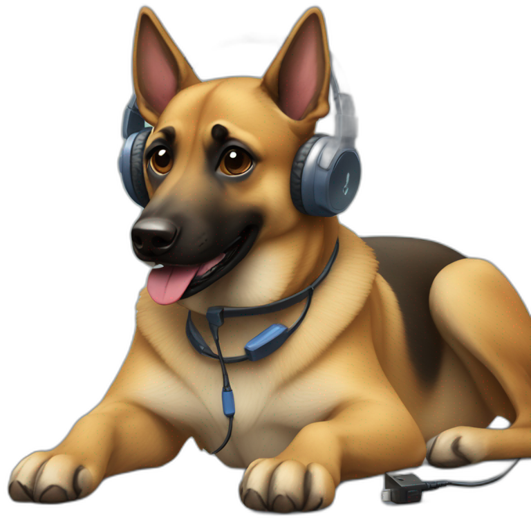 malinois dog with headphone and PlayStation controller emoji