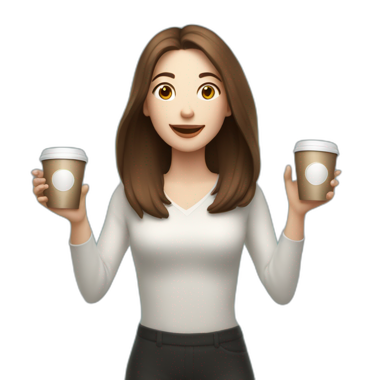 woman juggler with long straight brown hair and pale skin juggling coffee cups and miniature laptops in the air emoji