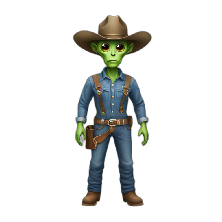 realistic alien wearing a cowboy hat and overalls emoji