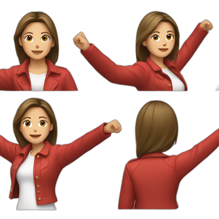 Young woman wearing a white shirt and a red jacket, both hands up emoji