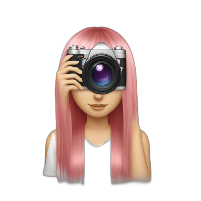 girl with long, straight rose hair and fringe with camera emoji