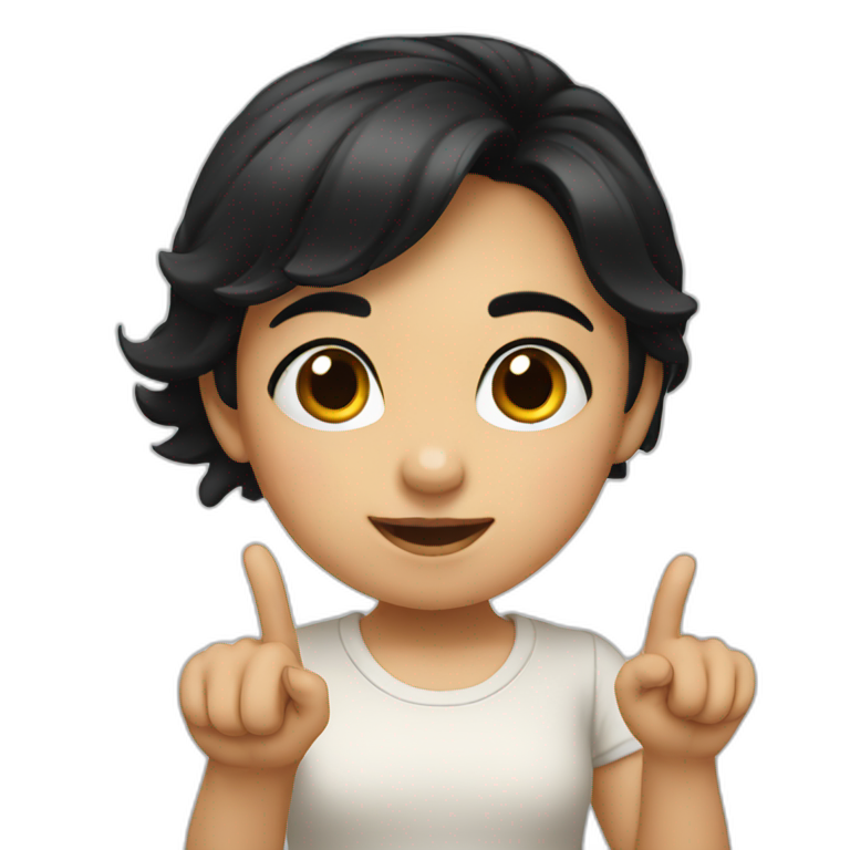 small girl with black hair showing hand with 1 finger up emoji