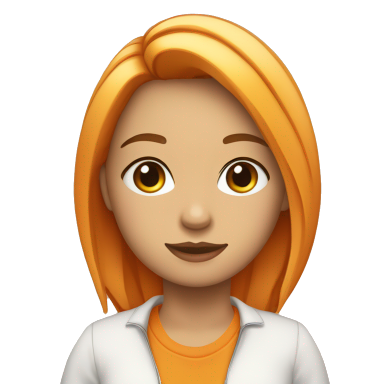 Chica con pelo rubio, ojos claros, chamarra naranja y camisa blanca emoji