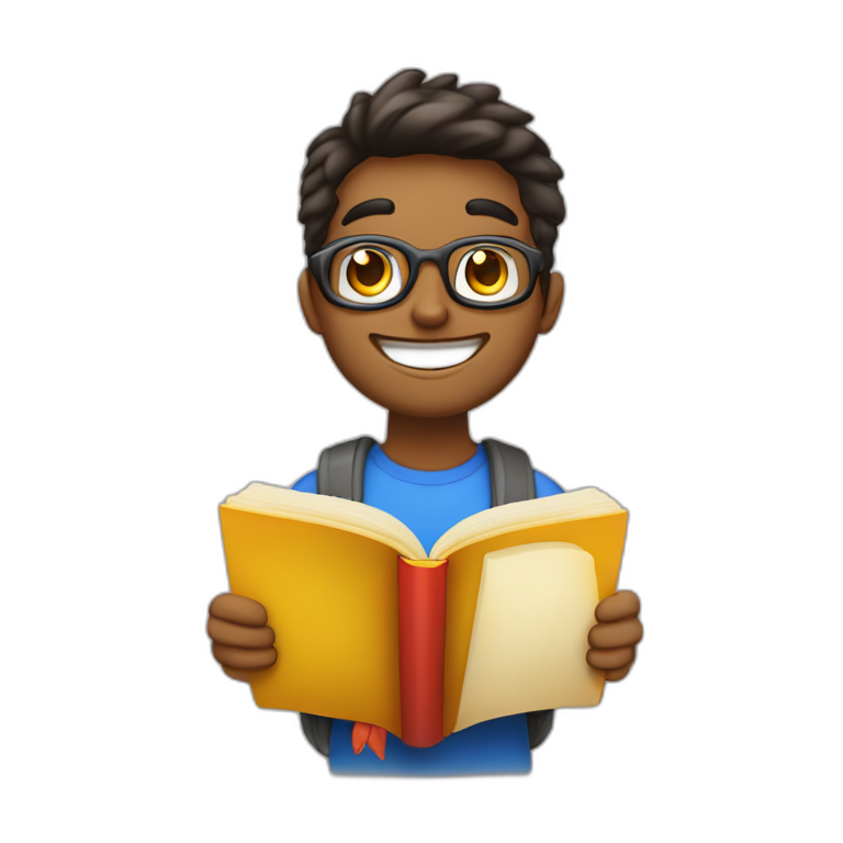 joven estudiante con todos sus libro muy feliz y sonriente con un libro en sus manos y sobre su cabeza emoji