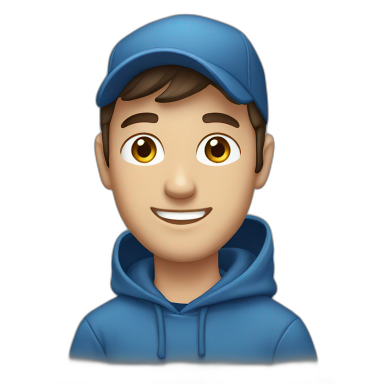 caucasian, male, dark brown hair, dark brown eyes, cap, smiling, blue hoodie emoji