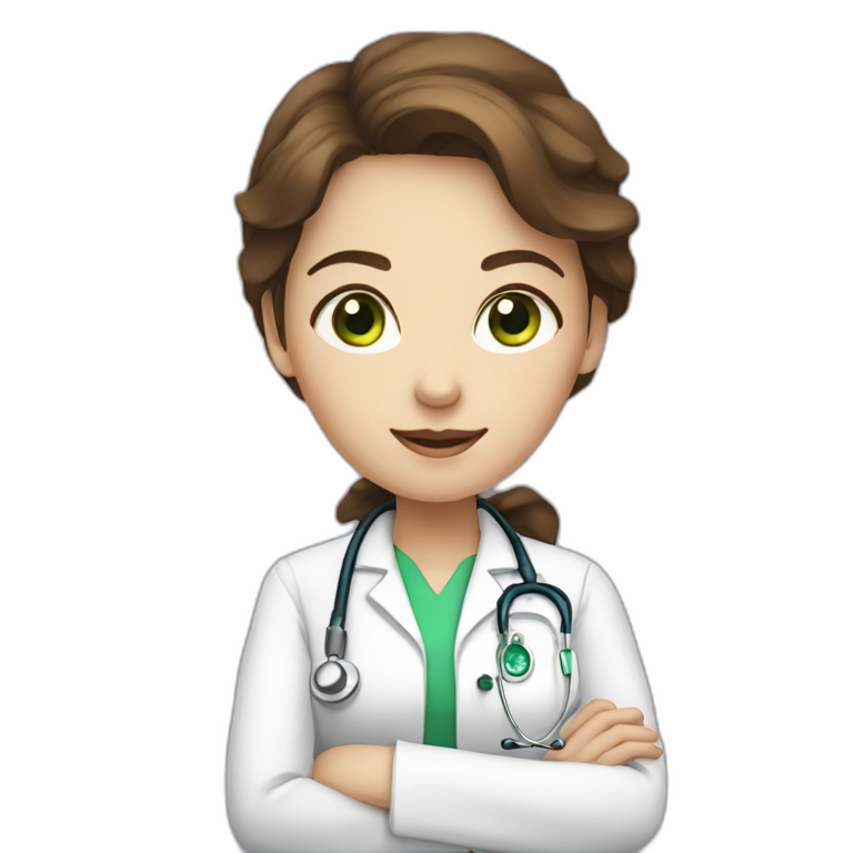 Doctor woman with brown hair, white skin and green eyes emoji