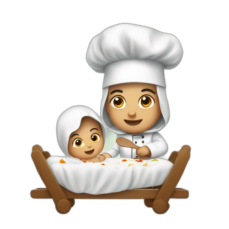 Arab slicing chef in traditional Palestinian outfit baby in crib emoji