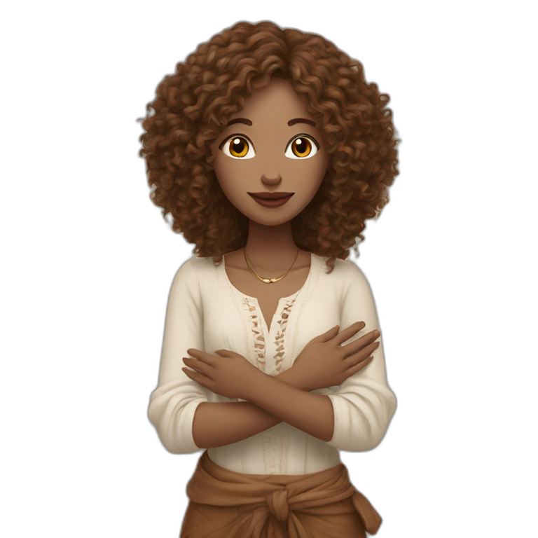 woman-designer in boho style(pale skin, brown middle curly hair) shows heart with her hands emoji
