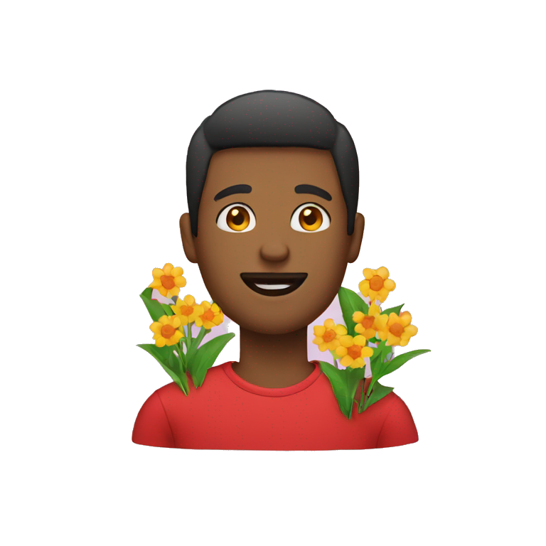 man have red teeshirt and have a flowers emoji