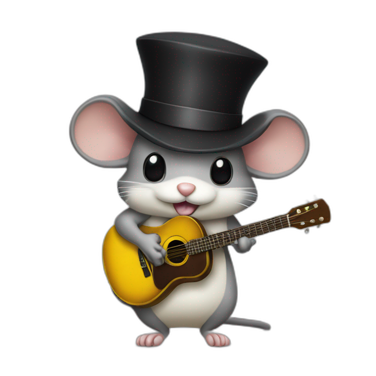 old grey jerry mouse with white moustache, big black hat, and yellow guitar emoji