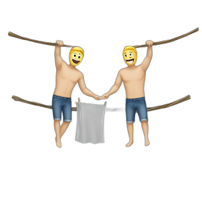 Two white guys hang washing on airer  emoji
