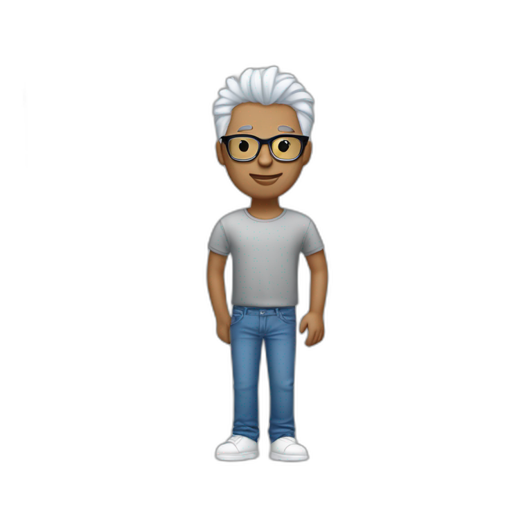 Cool man wear a glasses red and wear a jeans blue and wear a  t shirt white and his hair is silver  emoji