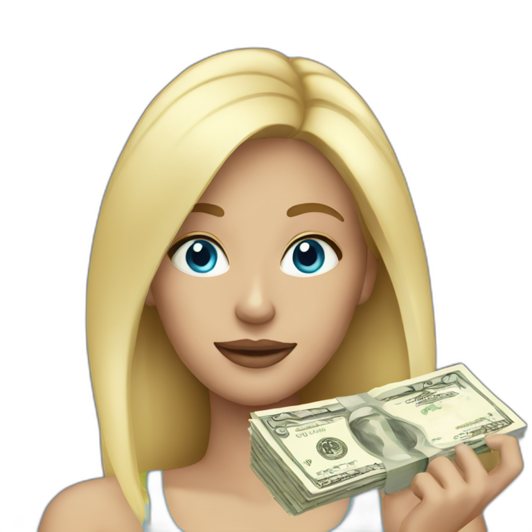 Woman with blonde hair blue eyes holding money emoji