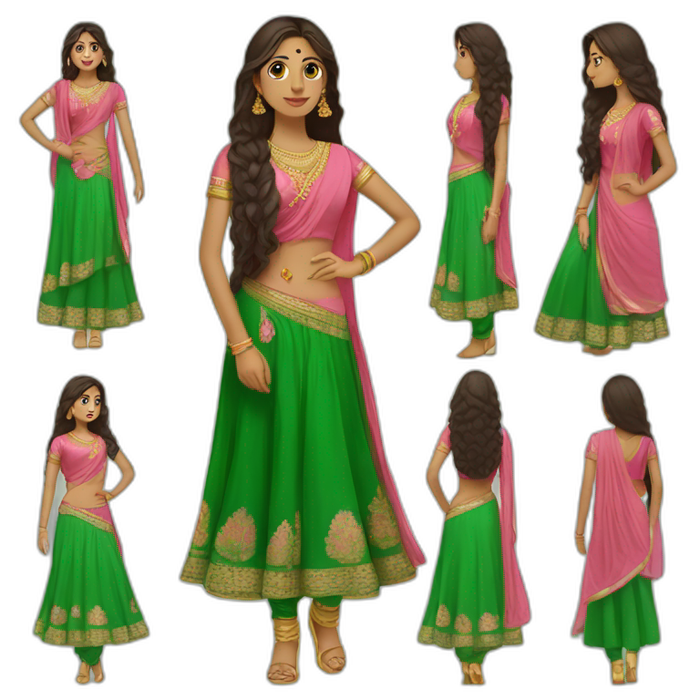 a girl wearing weeding pink lehanga and green kurti whith long hair emoji