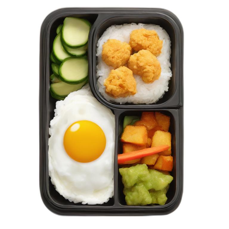 bento with oval container, white rice on the right, karaage, japanese egg omelet, and veggies on the left emoji