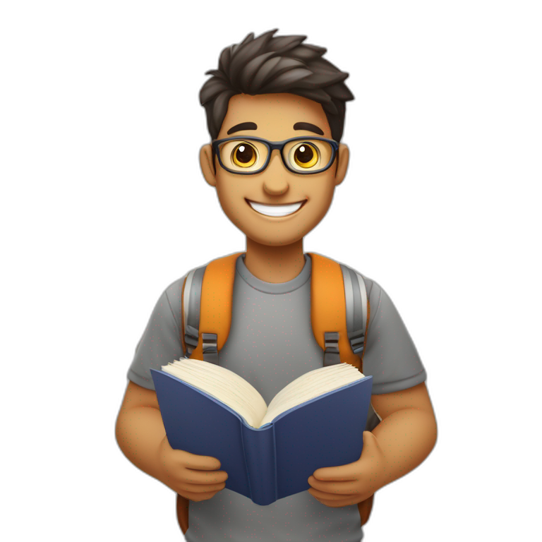 joven estudiante con muchos libros, sonriente y muy feliz con un libro en sus manos y en su cabeza, junto a muchos libros y una lampara y un libro en su cabeza emoji