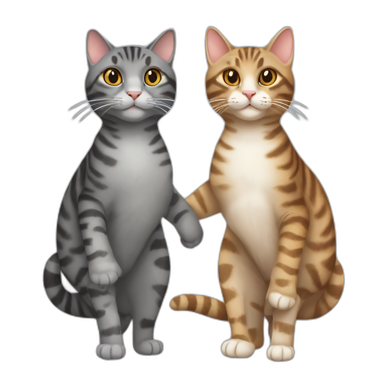 One tortoiseshell tabby cat and one gray tabby cat holding hands emoji