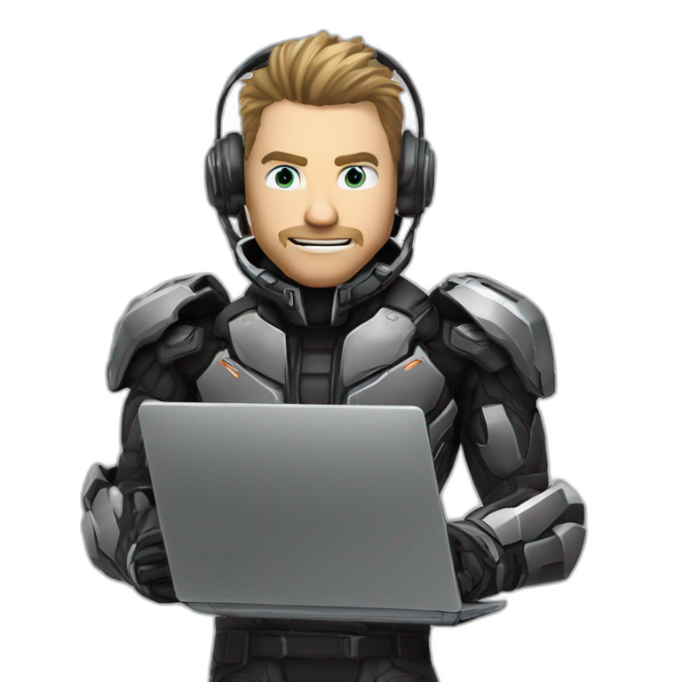 developer behind his laptop with this style : Crytek Crysis Video game with nanosuit character hacker themed character emoji